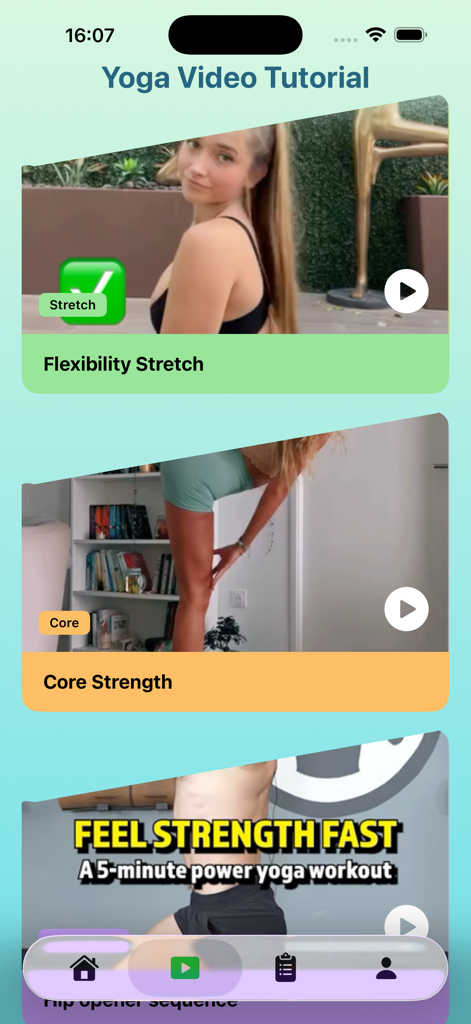 Azarr - Azarr app interface displaying yoga video tutorials for flexibility and core strength