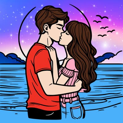 boyfriend and girlfriend looking at the sunset on the beach and kissing