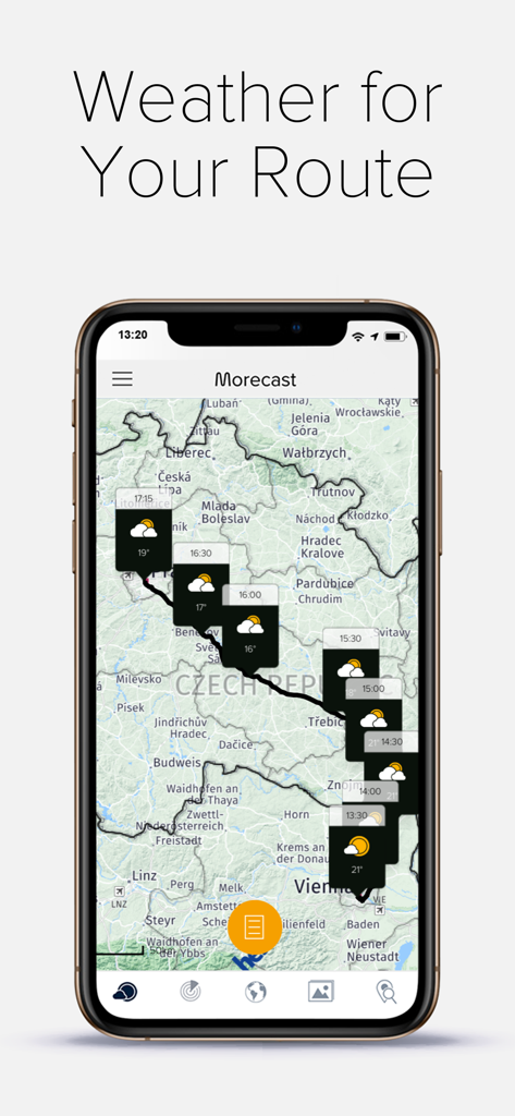 MORECAST Weather App - A smartphone screen displaying the MORECAST app feature showing weather forecasts along a travel route on a map
