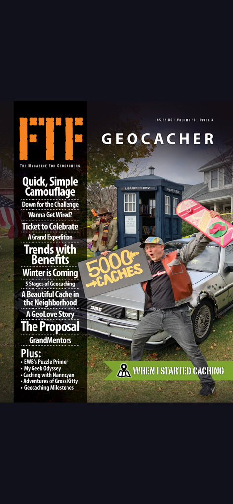 FTF - 지오캐싱 기사와 함께 5000개의 캐시를 축하하는 남자가 등장하는 FTF Geocacher 매거진 표지