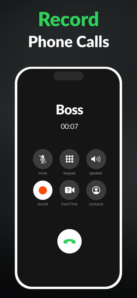 iPhone screen showing an active call with a Boss and a highlighted record button