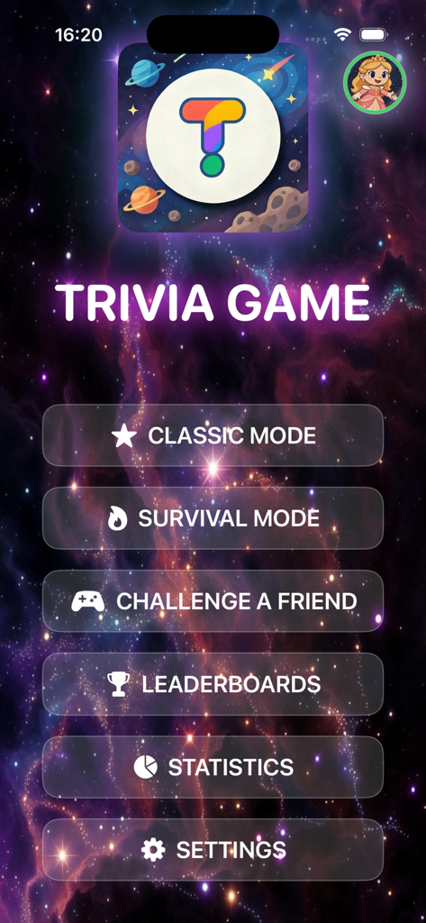 Trivia Game Quiz! - 트리비아 게임 퀴즈 앱의 메인 메뉴. 우주 배경 위에 다양한 게임 모드가 표시되어 있습니다.