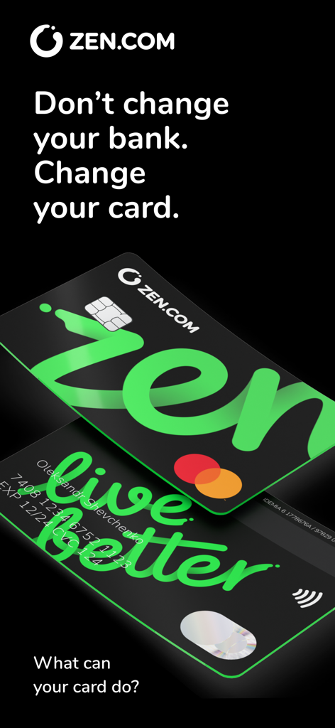 Deux cartes de paiement noires ZEN.COM Mastercard avec le logo zen vert et live better sur fond sombre.
