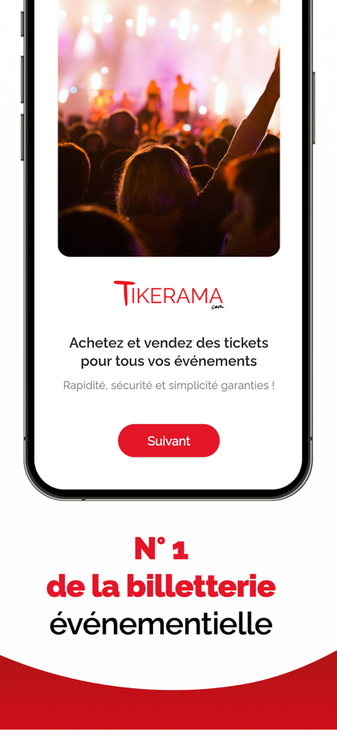 Ecrã de smartphone mostrando a página de destino da aplicação Tikerama com um fundo de multidão de concerto e um botão para comprar ou vender bilhetes para eventos.