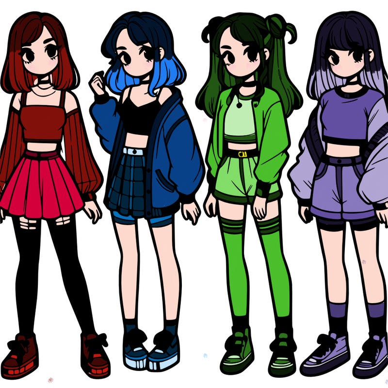 one girl with crop-top shirt and a jacket with a skirt, long socks and another girl with a shirt and pants with a jacket