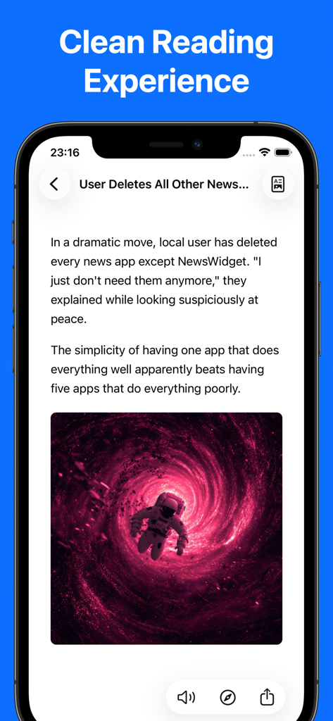 Captura de tela do aplicativo News Widget exibindo uma interface de leitura minimalista e limpa de um artigo sobre curadoria de notícias.