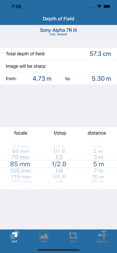 Schärfentiefe-Berechnung für eine Sony Alpha 7R III Kamera in der DoF plus App