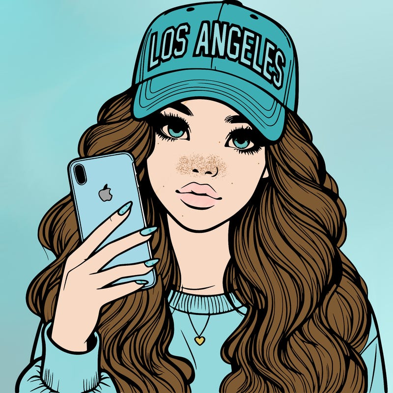 realistic beautiful girl wearing los ángeles cap holding an iphone