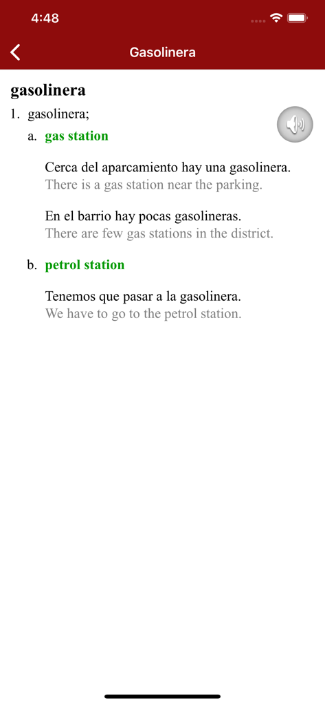 Cartão de vocabulário em espanhol para gasolinera com traduções para o inglês e frases de exemplo.