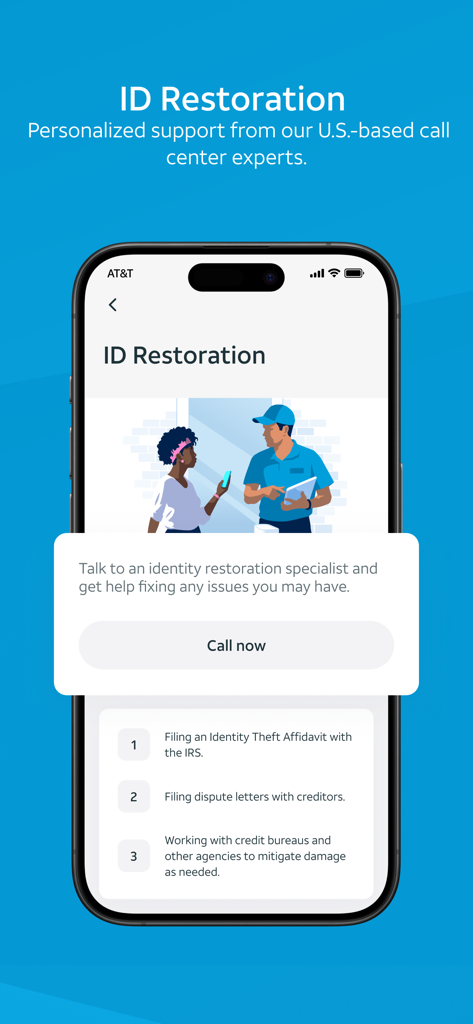 A mobile app screen for AT&T ActiveArmor showcasing ID Restoration features with a call now button for expert support and steps to mitigate identity theft damage.
