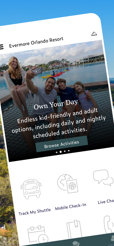 Evermore Resort - The Evermore Resort mobile app home screen showing resort activities and guest services like mobile check-in and shuttle tracking.