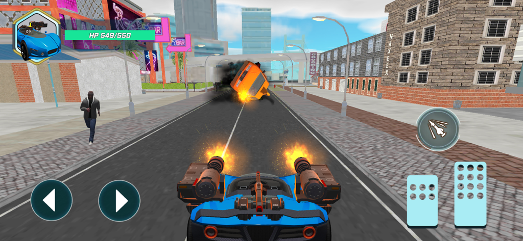 City War: Street Battle - 街の通りの爆発する敵車両に向けて発砲する二連装機関銃を搭載した青い装甲車