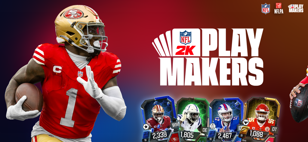 Banner del juego móvil NFL 2K Playmakers con un jugador de los San Francisco 49ers y cartas coleccionables de fútbol americano.