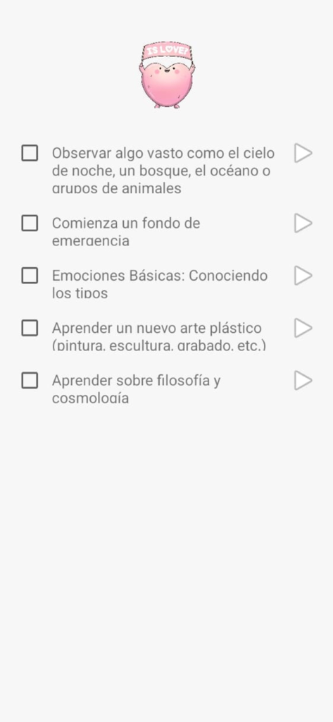 EsamorApp - Menú de actividades de crecimiento personal en la interfaz móvil de EsamorApp