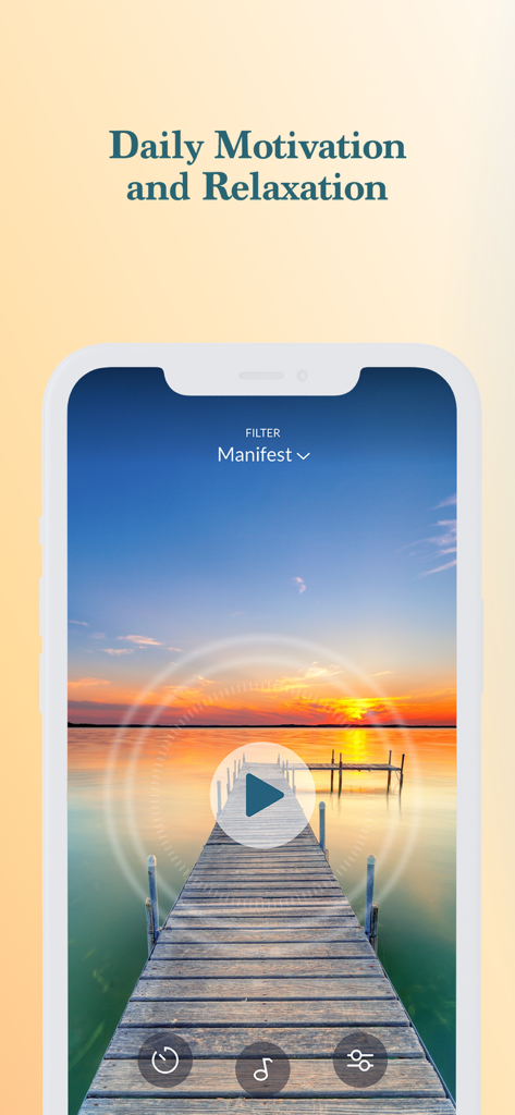 ThinkUp-Daily Affirmations app - ThinkUp app screenshot showing a serene sunset over a lake pier with the heading Daily Motivation and Relaxation