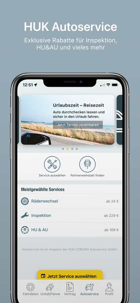 Interfaccia dell'app mobile per HUK Autoservice che mostra opzioni di manutenzione auto e prezzi