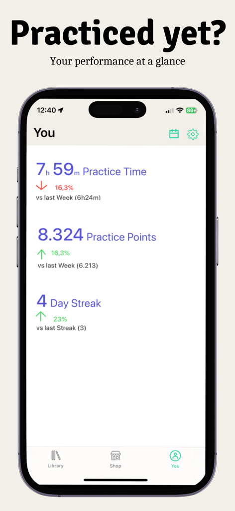 Interface of the PracticeBird app displaying music practice time, points, and day streak statistics