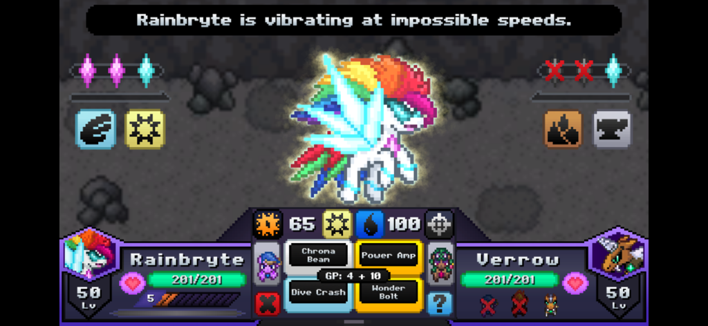 Battle Gem Ponies - A pixel art turn-based battle in Battle Gem Ponies showing Rainbryte facing off against Verrow