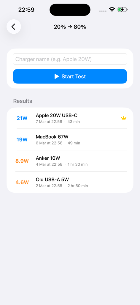 Watt Charging Speed - A comparison screen showing results for different chargers with their measured wattage and charge time.