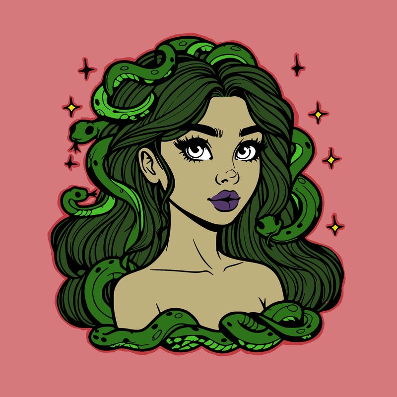 realistic girl with snakes as hair