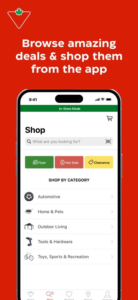 Canadian Tire: Shop Smarter - Écran d'achat de l'application Canadian Tire affichant des catégories de produits et des offres de vente au détail