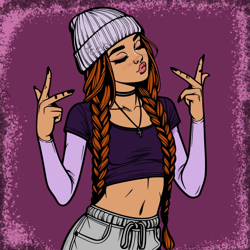 realistic teenage girl with braids and a beanie and crop top doing 🫶🏼