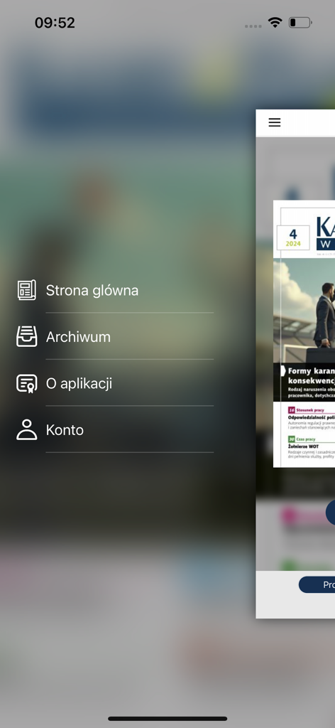 The navigation menu of the Kadry i Place w Administracji mobile app displaying options for home archive and account.