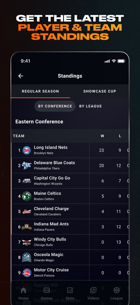 NBA G League mobile app screen showing Eastern Conference team standings and win loss records