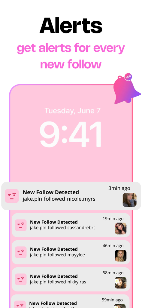 Smartphone lock screen displaying multiple new Instagram follow notifications from The Ick app