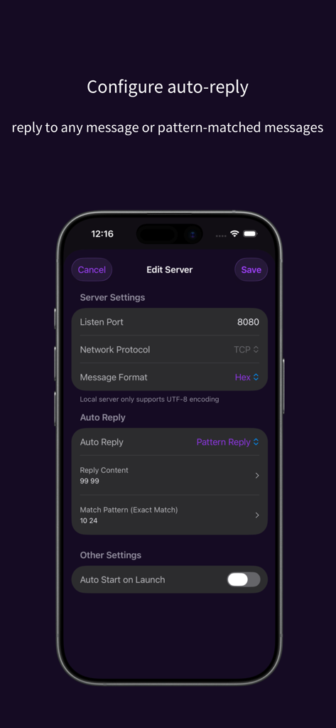 SocketChat - TCP&UDP Debug - Screenshot dell'app SocketChat che mostra la schermata Modifica Server dove gli utenti possono configurare risposte automatiche e messaggi basati su pattern per il debug TCP o UDP.