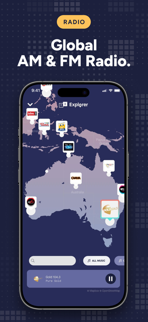 TuneIn Radio: Music & Sports - TuneIn Radio app Explorer feature showing global AM and FM stations on a world map