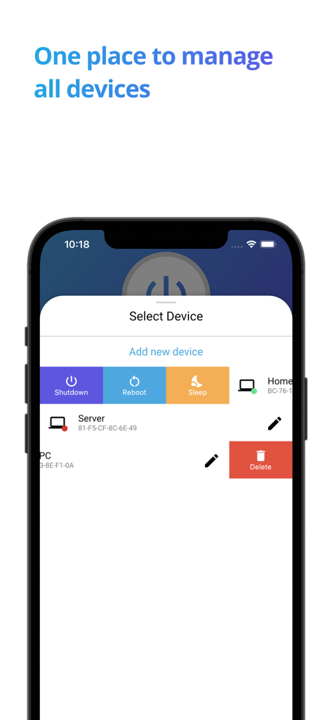 Wolow app screen showing options to manage multiple devices with shutdown reboot and sleep commands