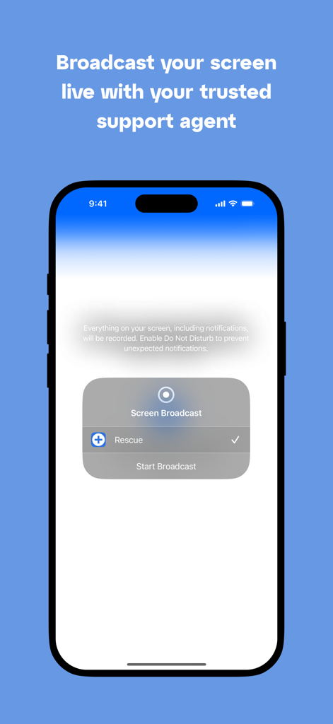 iPhone mostrando la interfaz de transmisión de pantalla para iniciar una sesión de soporte en vivo con un técnico.