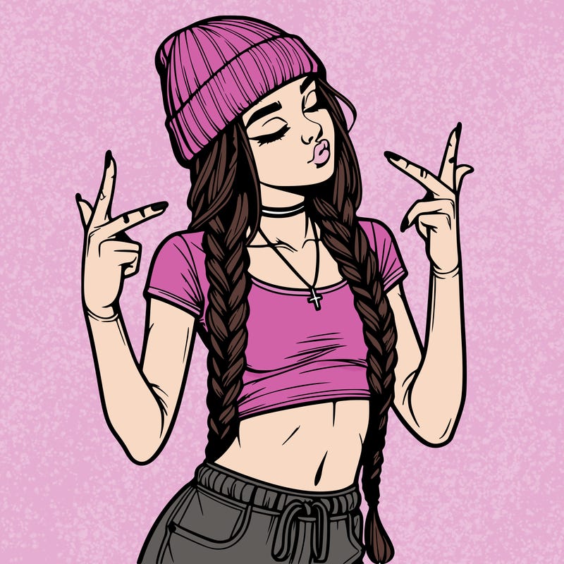 realistic teenage girl with braids and a beanie and crop top doing 🫶🏼