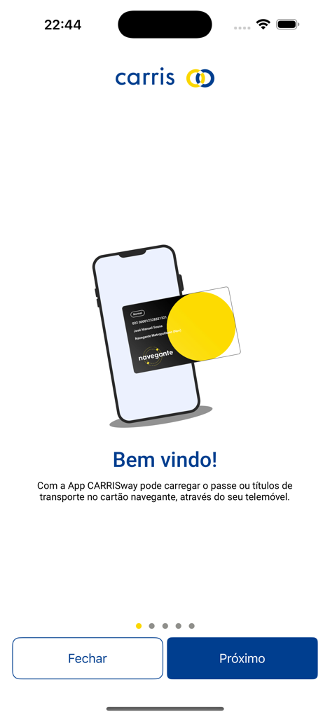 CARRISway - Welcome screen of the CARRISway app featuring an illustration of a smartphone and a Navegante transit card