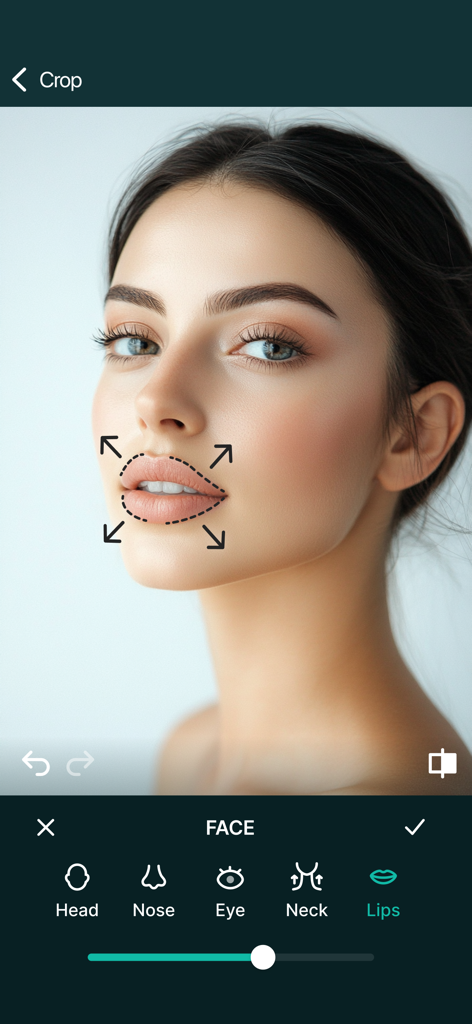 Strumento di ingrandimento labbra nell'app editor foto Tune Face and Body.