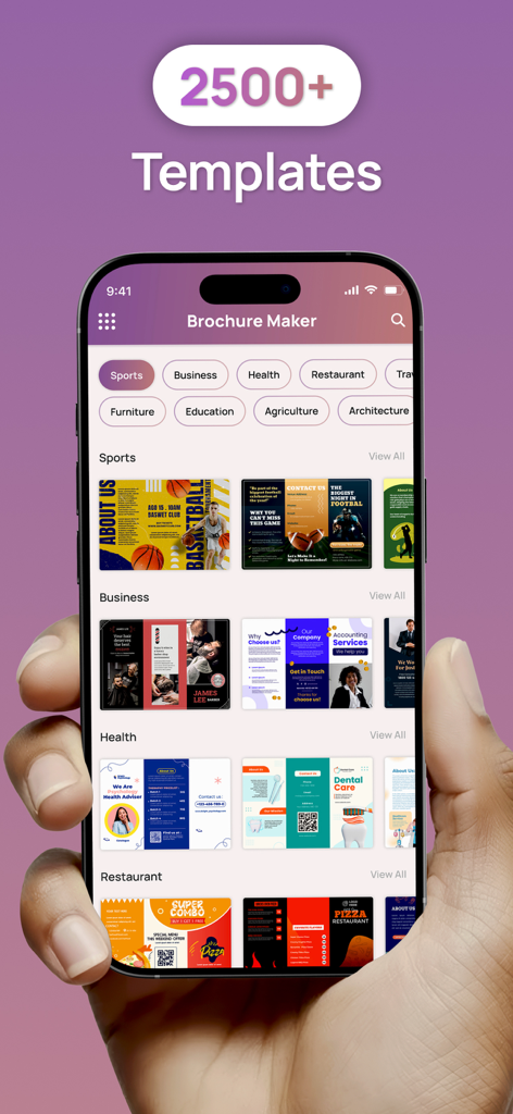 Brochure Maker : Catalog Maker - A smartphone screen displaying a library of over 2500 brochure templates categorized by industry like sports, business, health, and restaurants.