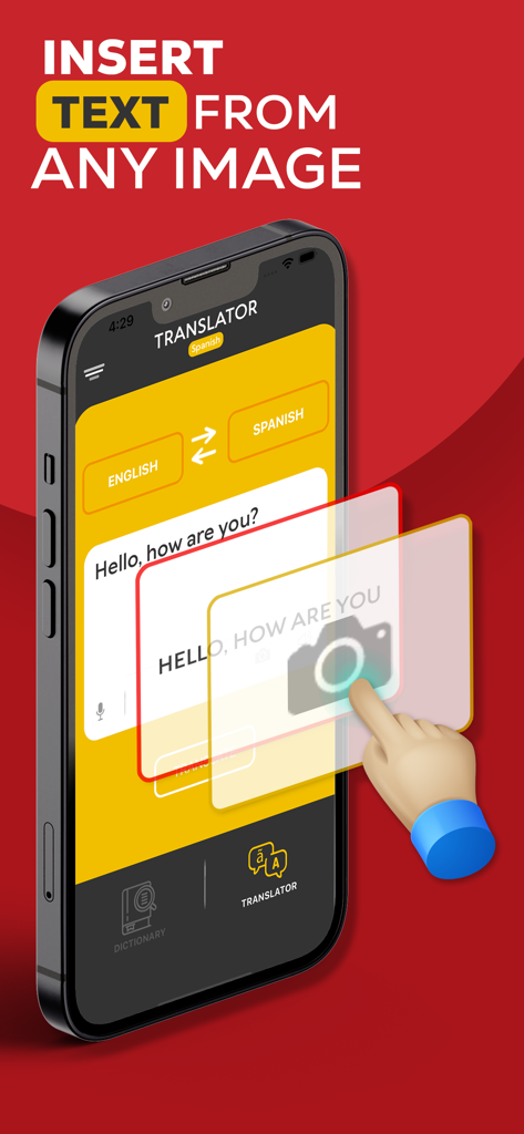 Learn Spanish Offline - A smartphone app interface demonstrating how to translate English text to Spanish using an image scan feature.