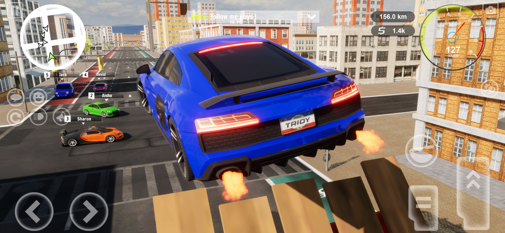 Drive Quest: Online - A blue sports car performing a stunt jump over a city street in the open world of Drive Quest Online.