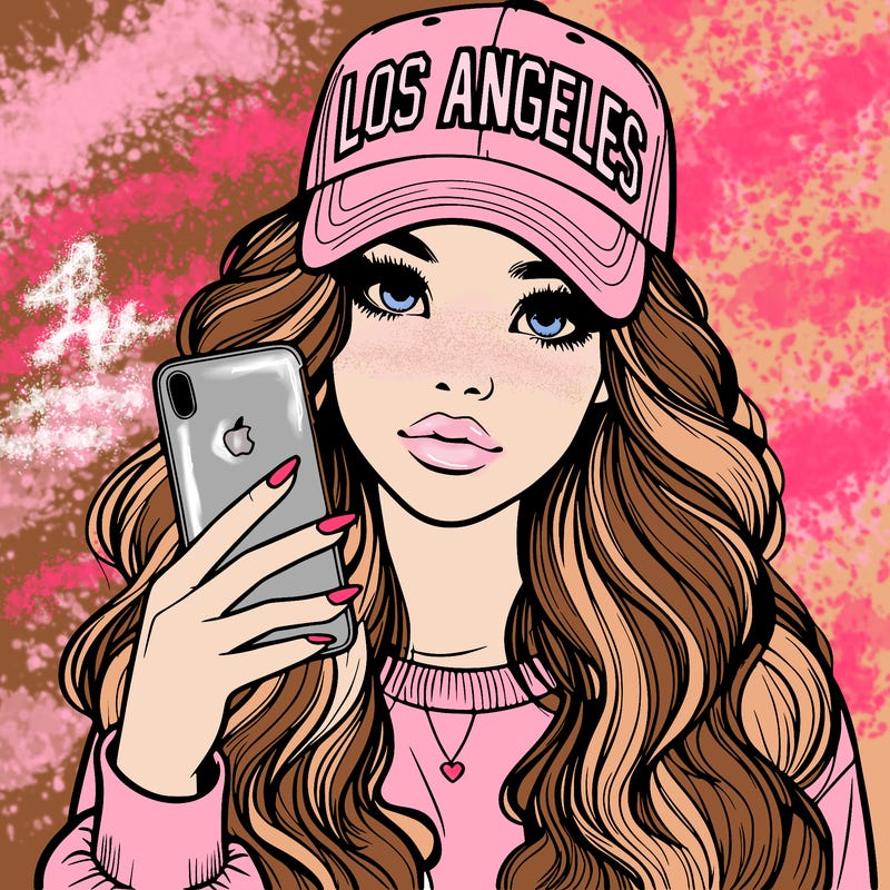 realistic beautiful girl wearing los ángeles cap holding an iphone