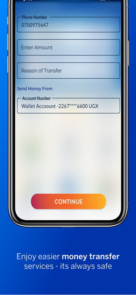 FlexiPay Uganda - Interface of FlexiPay Uganda mobile app showing money transfer options including phone number and amount fields.