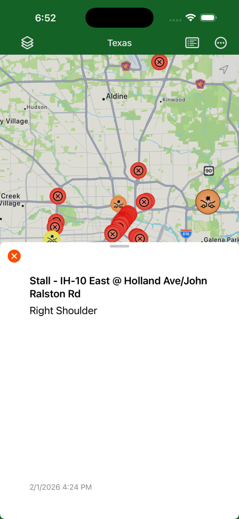 Texas Traveler - A map view in the Texas Traveler app showing a traffic alert for a vehicle stall on IH-10 East.