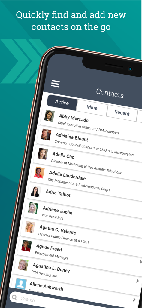 Deltek CRM for Vantagepoint - Mobile screen showing a searchable contact list in the Deltek CRM for Vantagepoint app
