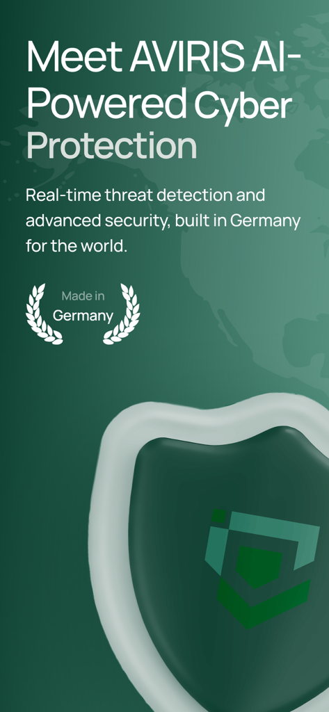 AVIRIS: Mobile Security, VPN - AVIRIS mobile security app introductory screen featuring AI-powered cyber protection and a Made in Germany badge.