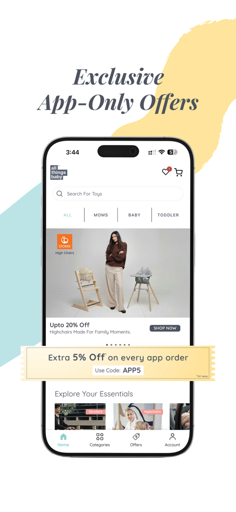 AllThingsBaby app screen showing exclusive discounts and world-class baby gear like Stokke high chairs.
