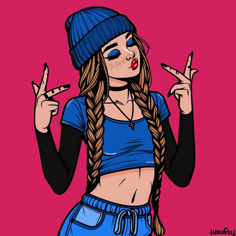 realistic teenage girl with braids and a beanie and crop top doing 🫶🏼