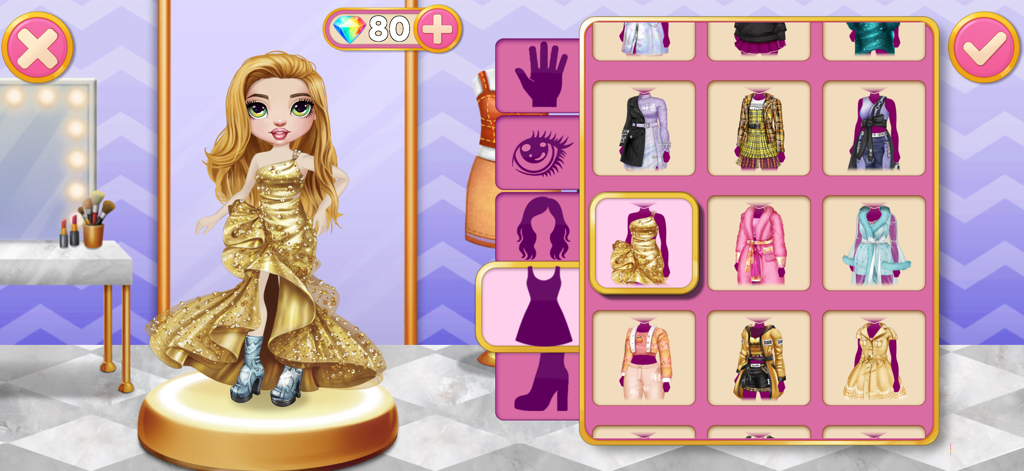 Uma personagem de boneca de moda usando um vestido de lantejoulas douradas no menu de vestir do aplicativo Rainbow High Beauty Salon.
