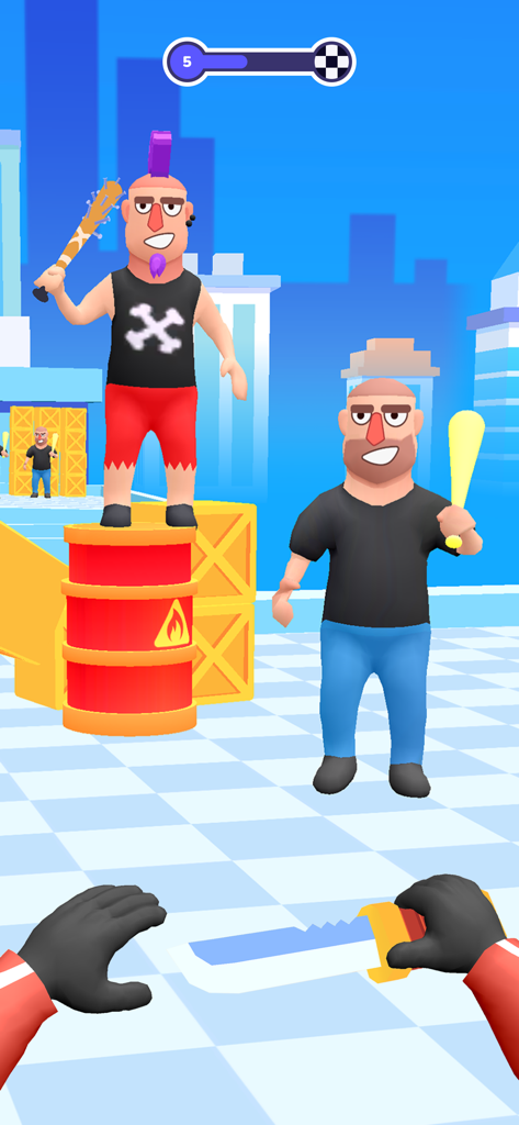 Vista en primera persona de la jugabilidad de acción de lanzamiento de cuchillos en Hit Master 3D contra enemigos estilizados