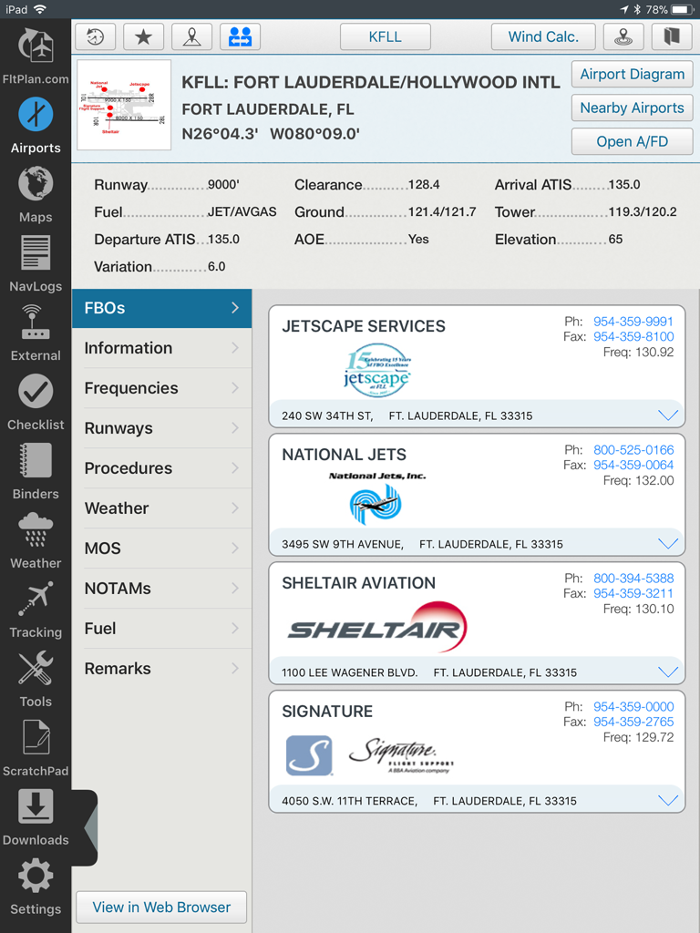 FltPlan Go - FltPlan Go iPad interface displaying airport details and FBO services for KFLL Fort Lauderdale