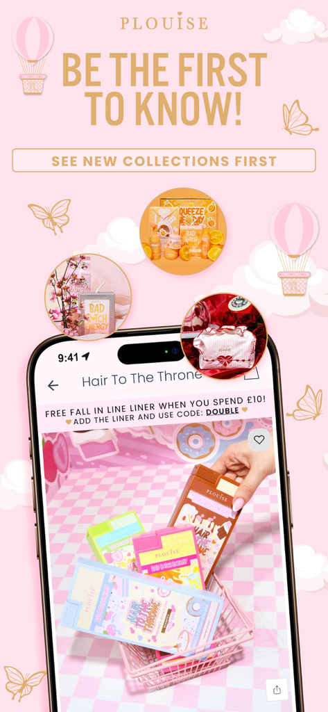 P Louise Cosmetics - The P Louise Cosmetics app interface showing new makeup product collections and exclusive shopping offers on a pink themed screen.